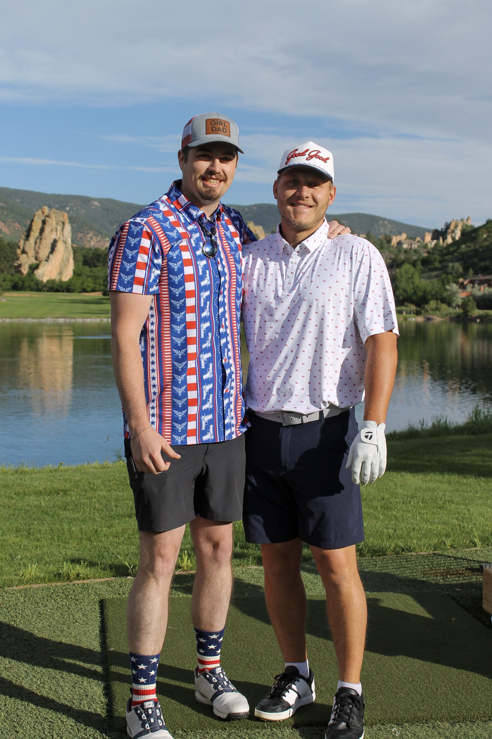 Two golfers in patriotic shirts